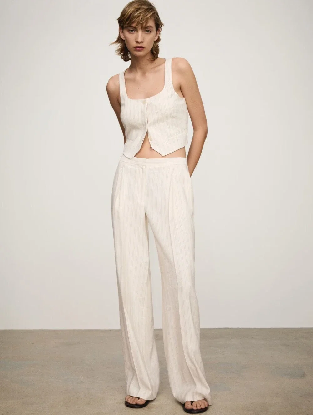 Mango 3 Piece Set Jacket And Vest And Cream Wide-Leg High-Waist Pants